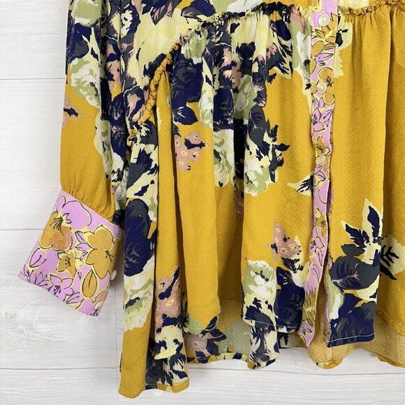 Free People Top Size S Brunch A Bunch Floral Tunic Blouse Yellow Oversized - Picture 4 of 14